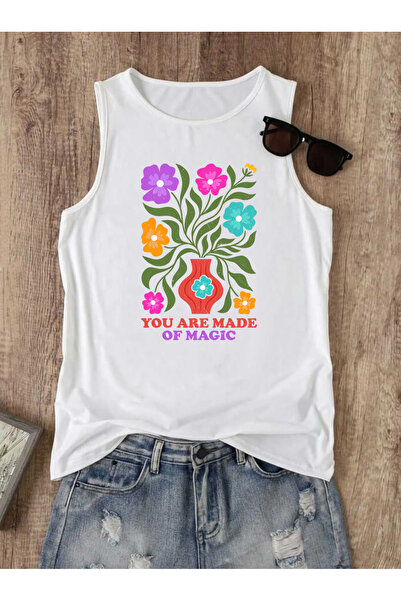 SUNFREE Tricou de vară pentru femei, fără mâneci, cu imprimeu FLOWER, cu deco...