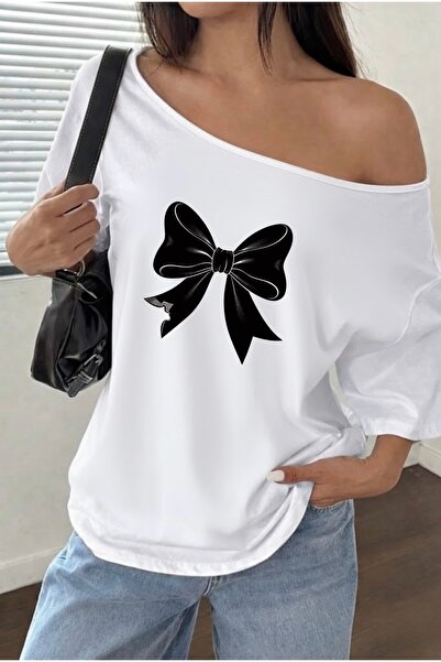 FUFLUNS Ribbon Printed Oversized Women's Boat Neck T-Shirt