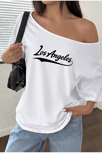 FUFLUNS Los Angeles Printed Oversized Women's Boat Neck T-Shirt