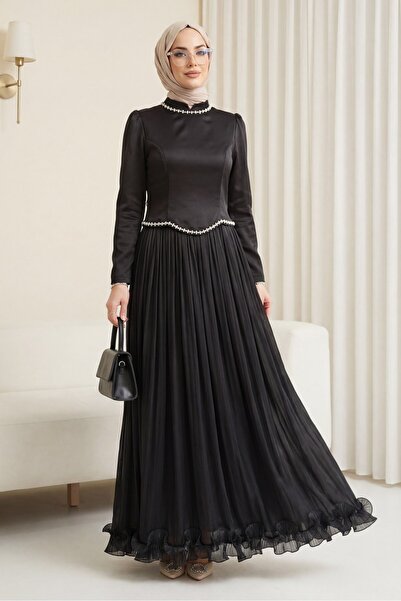 Modamorfo Σατέν σιφόν Janjan με πέτρινη λεπτομέρεια και βολάν - μαύρο