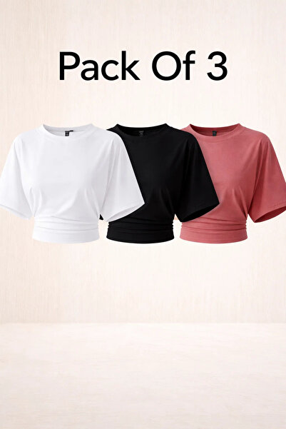 COMBİNE MİCHAİL Women's Bat Sleeve Summer 3-Piece Crop Blouse