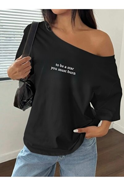 FUFLUNS Tricou de damă supradimensionat cu imprimeu „TO BE A STAR” și guler b...
