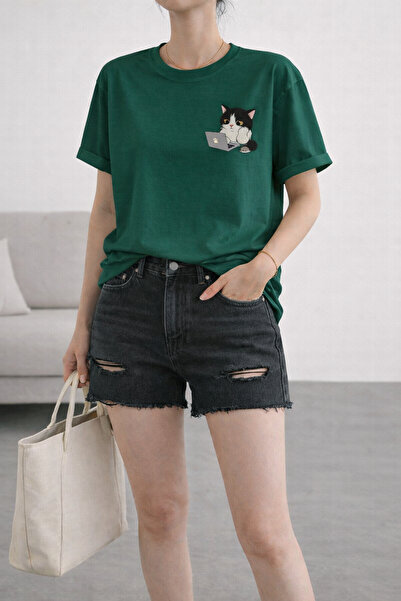 ArtYus Business Cat Printed Unisex Oversize T-Shirt with Laptop - Cotton Crew...