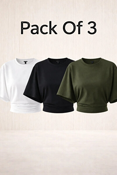 COMBİNE MİCHAİL Women's Bat Sleeve Summer 3-Piece Crop Blouse