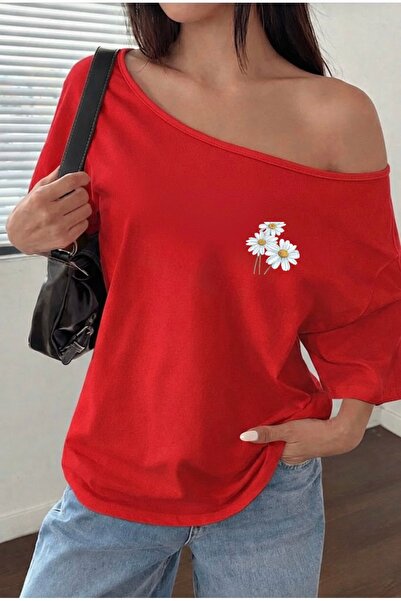 FUFLUNS Daisy Printed Oversized Women's Boat Neck T-Shirt