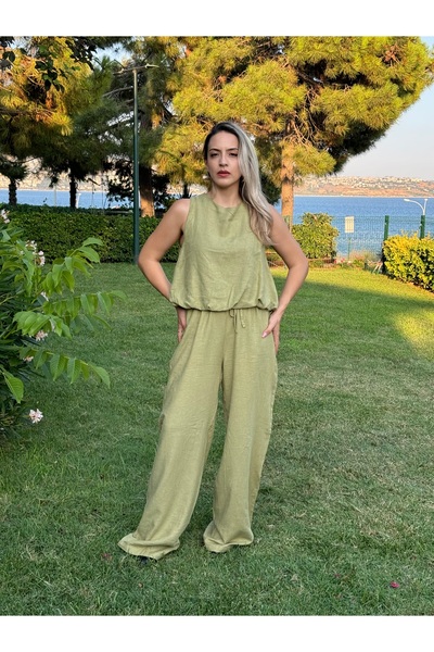 Green World Yağ Yeşili Keten Görünümlü Salaş Alt Üst Takım – Yazlık Rahat Kombin