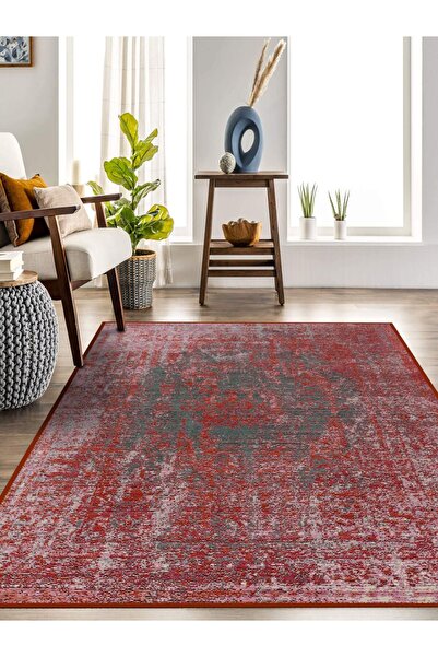 blcmoda Eskitme Desen Kırmızı Baskılı Yıkanabilir Dokuma Taban Kaymaz Halı Sa...