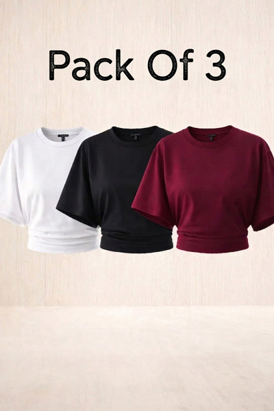 COMBİNE MİCHAİL Women's Bat Sleeve Summer 3-Piece Crop Blouse