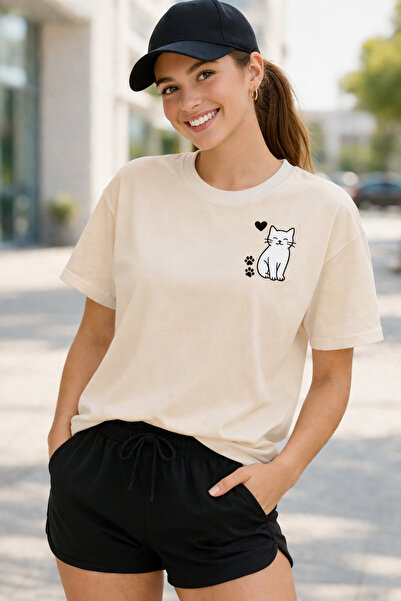 ArtYus Cute Cat & Paw Print Unisex Oversize T-Shirt – Cotton Crew Neck Casual...