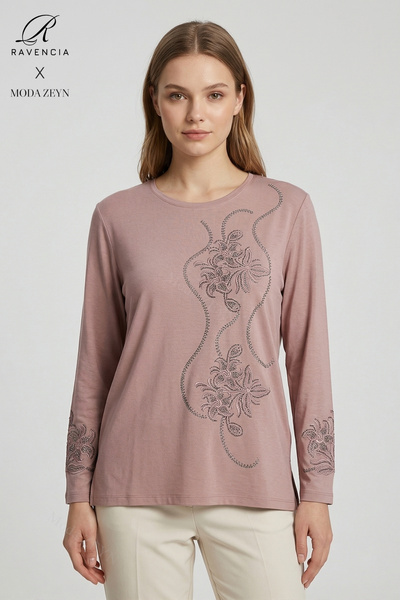 Ravencia Women's Spiral Leaf Patterned Collar and Skirt Stoned Embroidered Sl...