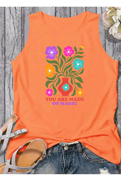 SUNFREE Tricou de vară pentru femei, fără mâneci, cu imprimeu FLOWER, cu deco...