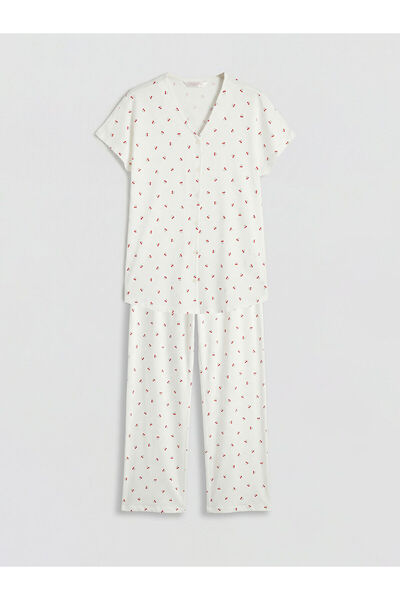 LC Waikiki Peak New Season V-Neck Cherry Printed Maternity Pajama Set