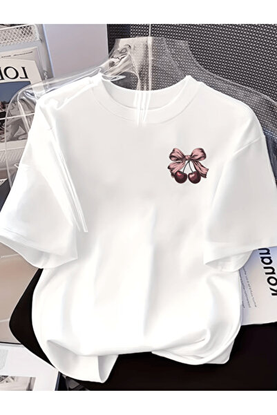 one button Μπλουζάκι Premium Oversize με στάμπα κεράσια και μίνι φιόγκο