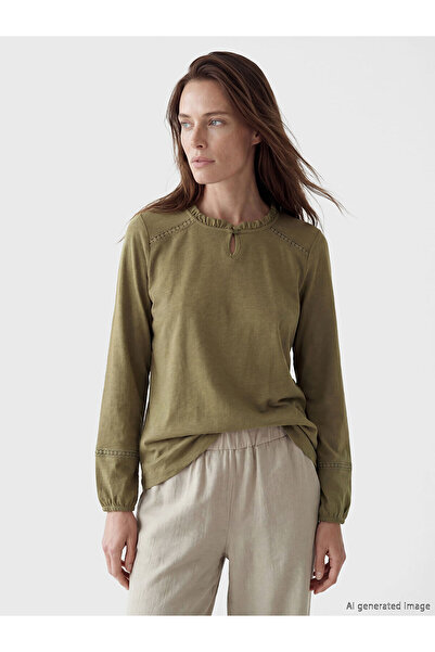 LC Waikiki Lcw Grace Khaki Oval Neck Embroidered Blouse with Nevavm Differenc...
