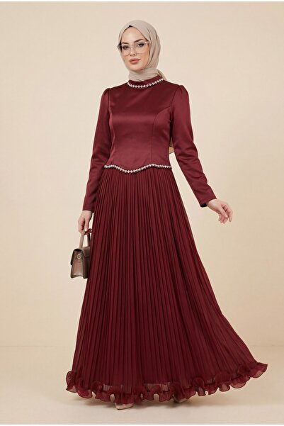 Modamorfo Satin Bottom Janjan Chiffon Stone Detailed Flounced Evening Dress -...