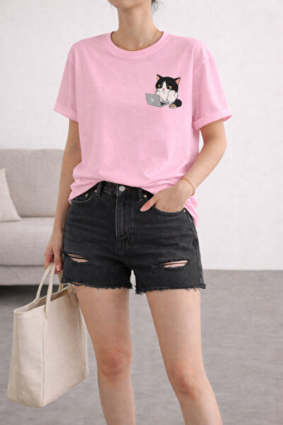 ArtYus Business Cat Printed Unisex Oversize T-Shirt with Laptop - Cotton Crew...