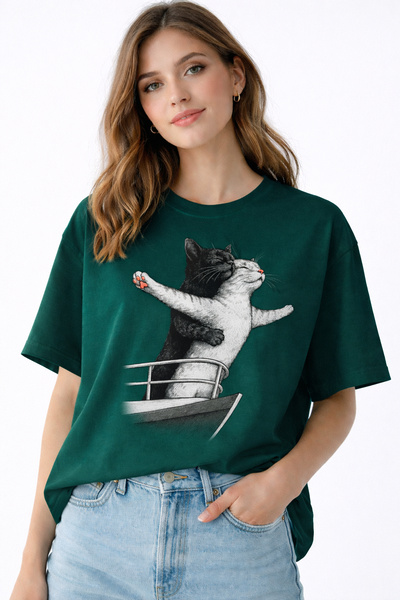 ArtYus Cat Couple Titanic Printed Unisex Oversize T-Shirt – Cotton Crew Neck ...
