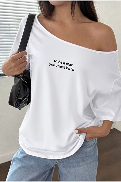 FUFLUNS To Be a Star Printed Oversize Women's Boat Neck T-Shirt