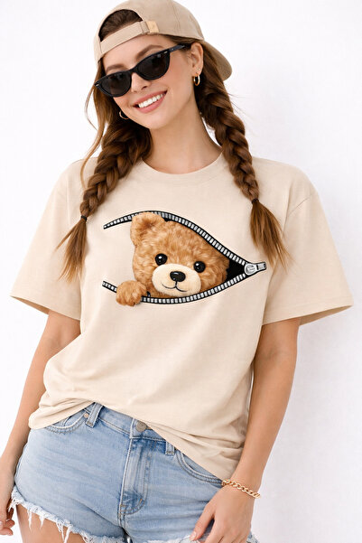 ArtYus Zippered Teddy Bear Printed Unisex Oversize T-Shirt – Cotton Crew Neck...