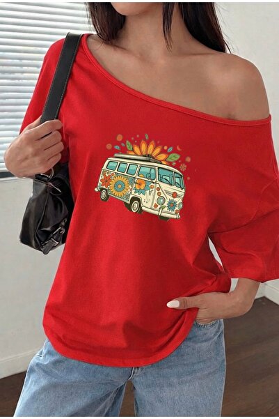 FUFLUNS Flower Car Printed Oversize Women's Boat Neck T-Shirt