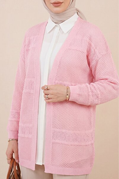 Modamorfo Patterned Openwork Knitwear Cardigan -Pink