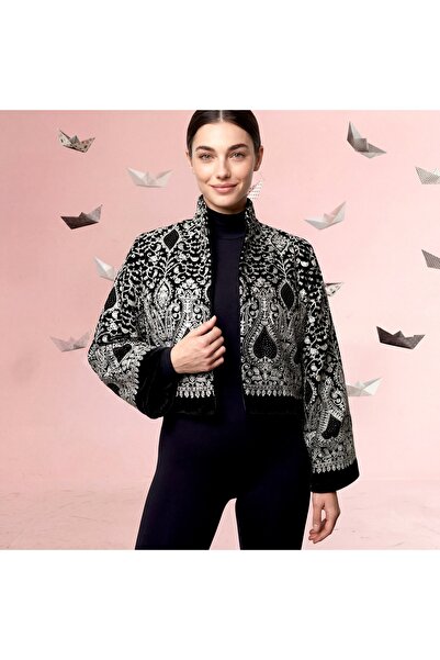 FAAYRA fashionhouse ceket siyah kadife velvet çiçeklı