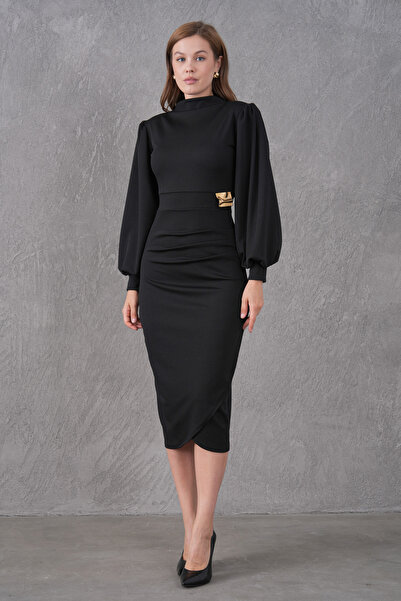 vuvutasarım Shoulder Padded Wrap Cut Design Gold Accessoryed Midi Length Ball...