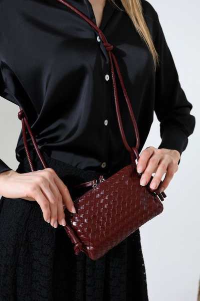 BALANZ Burgundy Knitted Patterned Mini Women's Bag Adjustable Shoulder Crossb...