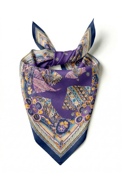 ostende Mor Mavi Karışık Desenli Boyun Fular Bandana Çanta Bel Fuları 50x50