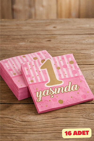 Baloncu Nene 1 Yaşında Pembe Kağıt Peçete Gold Baskılı Doğum Günü Parti Peçet...