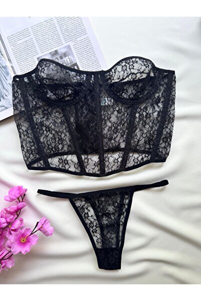 ECSBUTİK Siyah Dantelli Korseli Bralet & Tanga Takımı