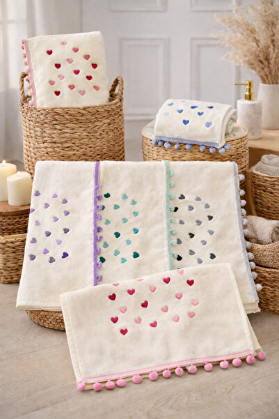 M Madam Lydi 6 Pieces of Heart Embroidered with Pom Poms - Heart Patterned Ha...