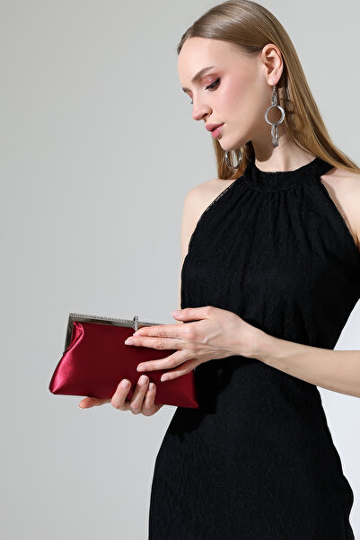 BALANZ Red Satin Evening Dress Bag with Stone-Set Clasp and Chain Detail, Clu...