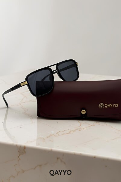 QAYYO Accessories Marion Metal Square Black Gold Frame Unisex Uv400 Sunglasses