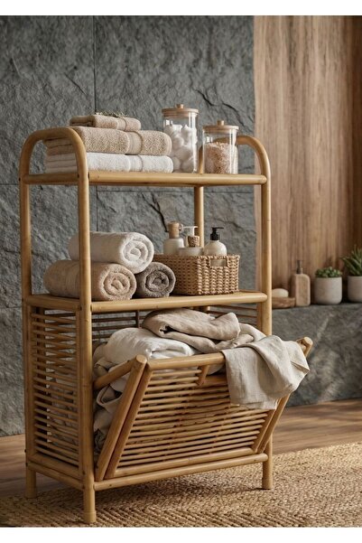 Lessio Home Teka Rattan Bambu Banyo Rafı ve Kirli Çamaşır Sepeti – Doğal Hası...