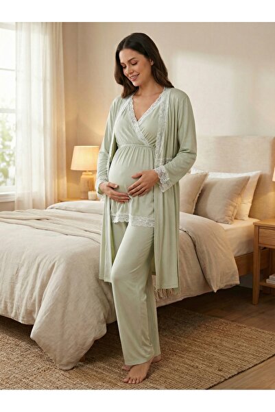 Lohussa Yeni Sezon Yeşil Dantelli Yazlık Özel Tasarım %100 Pamuk Hamile Lohus...
