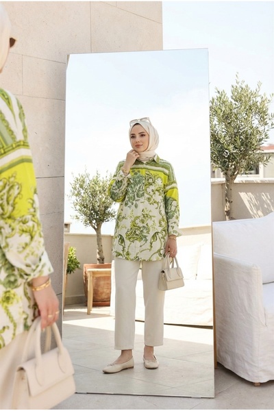 Kirazca Butik Women's Buttoned Patterned Shirt Collar Comfortable Fit Hijab T...