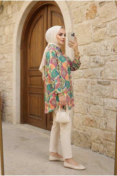 Kirazca Butik Women's Buttoned Patterned Shirt Collar Comfortable Fit Hijab T...