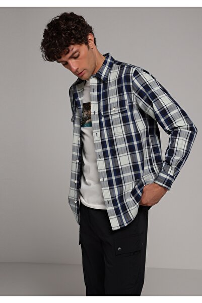 Colin's Regular Fit Shirt Neck Ekoseli Erkek Lacivert Uzun Kol Gömlek