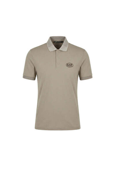 EA7 Men's Slim Fit Logo Patterned Technical Fabric Short Sleeve Beige Polo Ne...