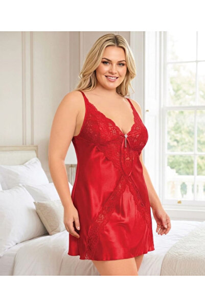 Viselya Large Size Satin Nightgown with Lace Detail