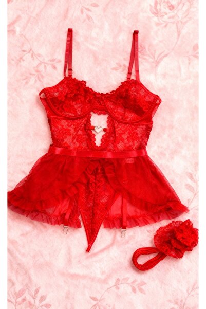 Mores Red Underwire Lace Garter Detailed Babydoll Set - Fishnet Stockings Gif...