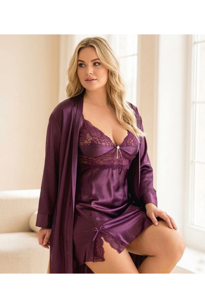 Viselya Σετ νυχτικών από σατέν με δαντέλα και λεπτομέρειες, σε μεγάλο μέγεθος