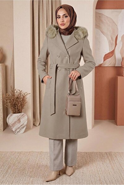 Alvina Hooded Fur Trimmed Belted Coat 90302