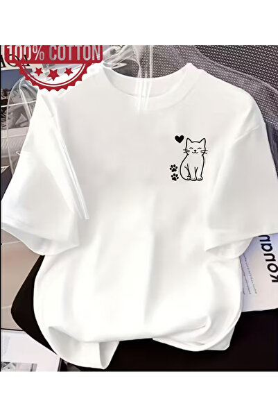 NOURAM Women'S Summer T-Shirt 100% ; with Love Heart Cute Cat Print Pattern