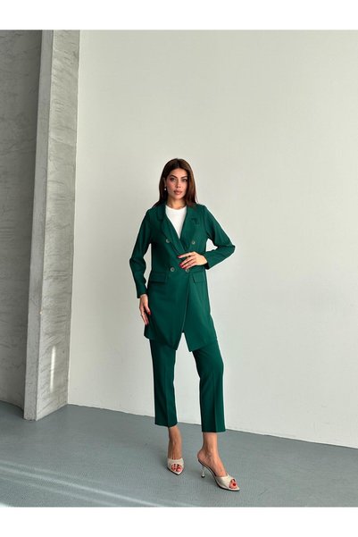 TANISA Zümrüt Larina Kruvaze Düğmeli Blazer Ceket Pantolon Takım ATE-4237