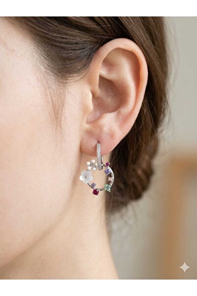 FOR YOU TAKI by Ezgi Women's Silver Color Stone Flower Bouquet Steel Hoop Ear...