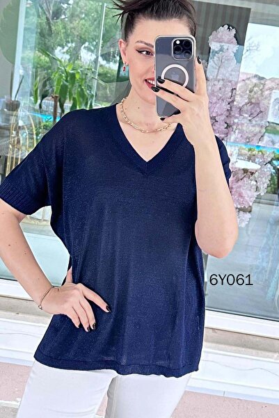 İnce Topuk Silvery V-Neck Mercerized Knitwear Blouse 6Y061