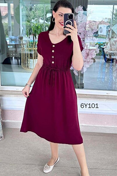 İnce Topuk Φόρεμα Aerobin με λάστιχο στη μέση και λεπτομέρεια με κουμπιά 6y101