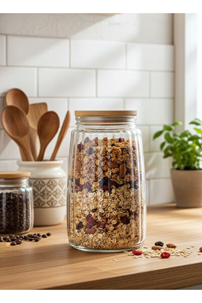 Living Facet-Patterned Glass Jar with Wooden Airtight Lid,1.7L